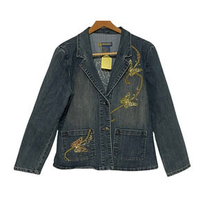 Vtg Y2K JouJou Sz M Jean Jacket with Lapels Butterfly Embroidery Denim Blue